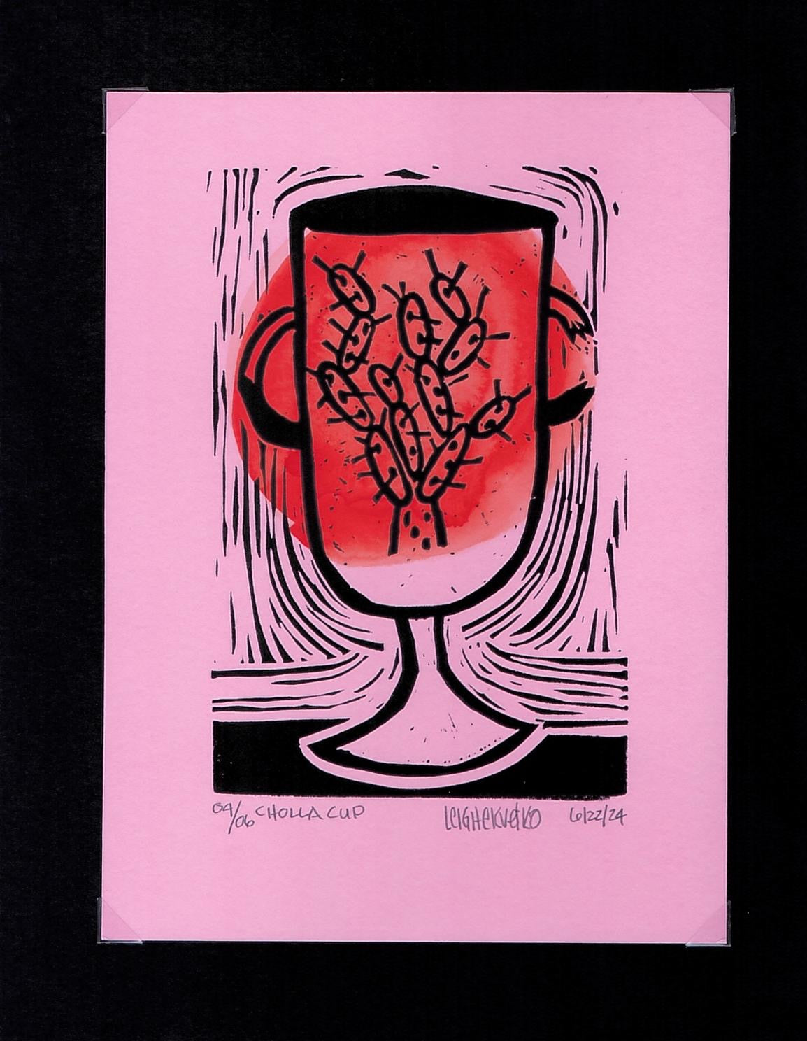 Cholla Cup block print with watercolor accent 04/06