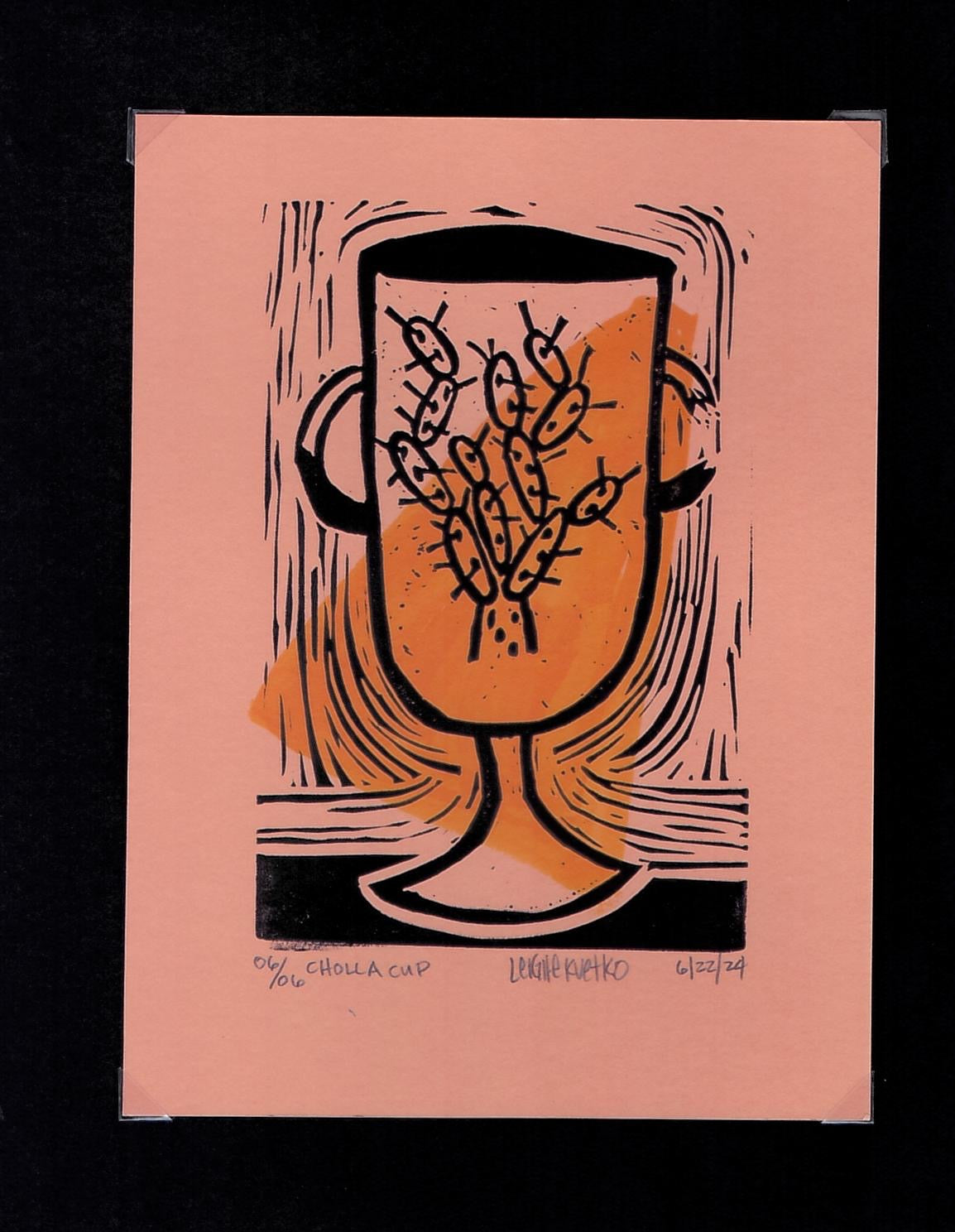 Cholla Cup block print with watercolor accent 06/06