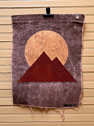 Maroon Mountain and Gold Moon on vintage cavas with lines   13" x 15" original art