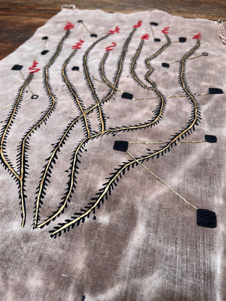 Ocotillo Squares on vintage canvas with embroidery 13"x22"