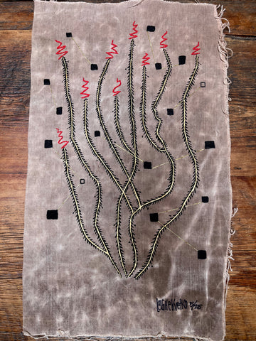 Ocotillo Squares on vintage canvas with embroidery 13"x22"