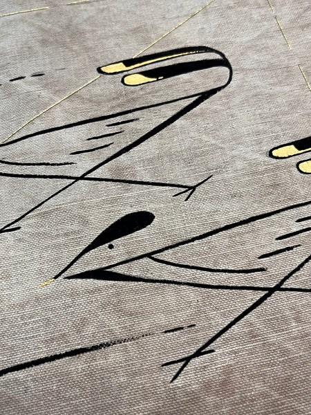 Road Runner Go / original work on vintage canvas with gold embroidery