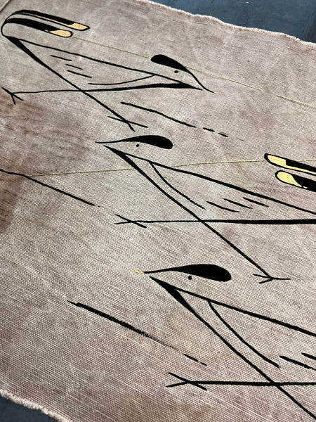 Road Runner Go / original work on vintage canvas with gold embroidery