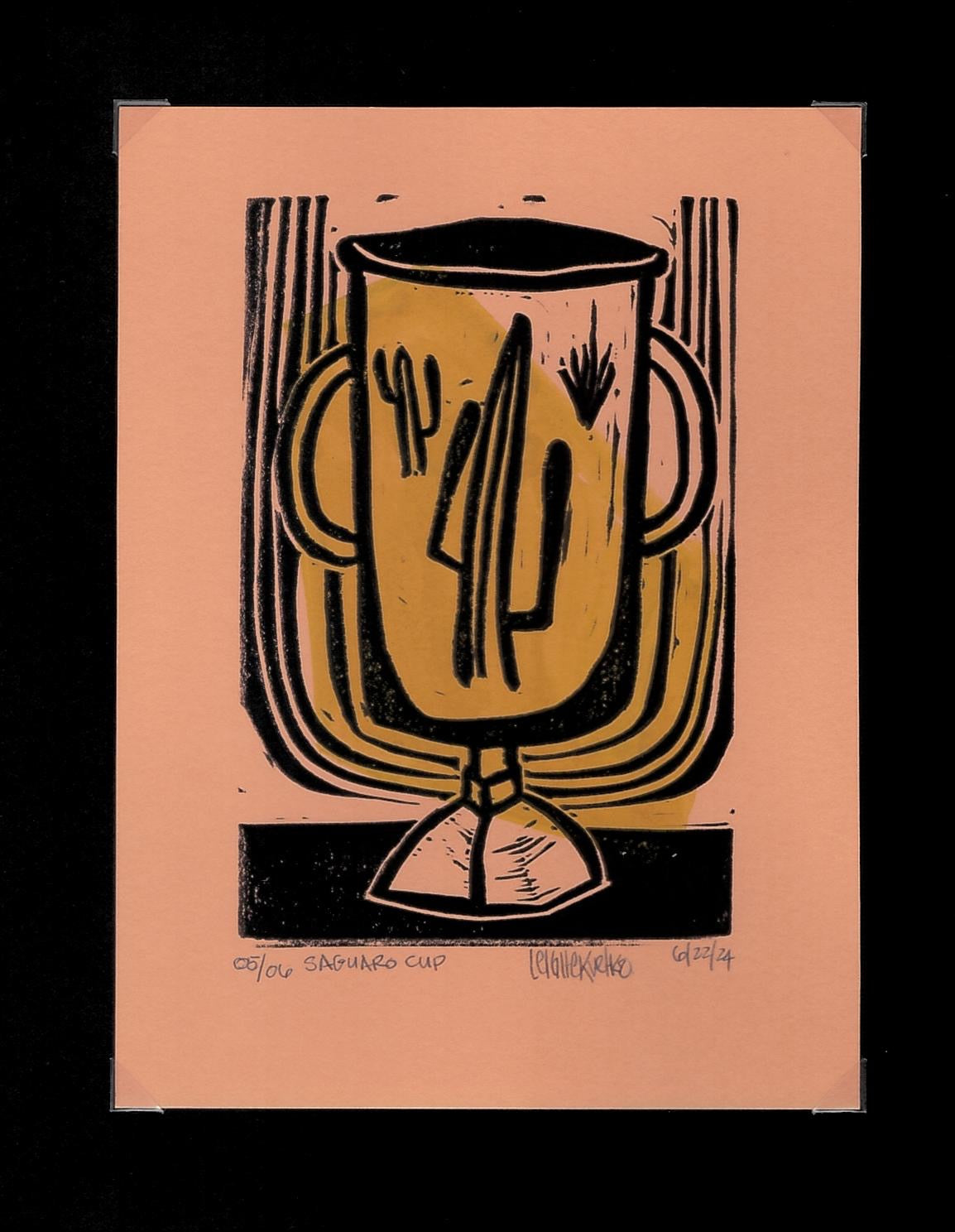 Saguaro Cup block print with watercolor accent 05/06