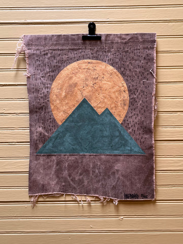 Teal Mountain and Moon on vintage cavas with lines   13" x 15" original art