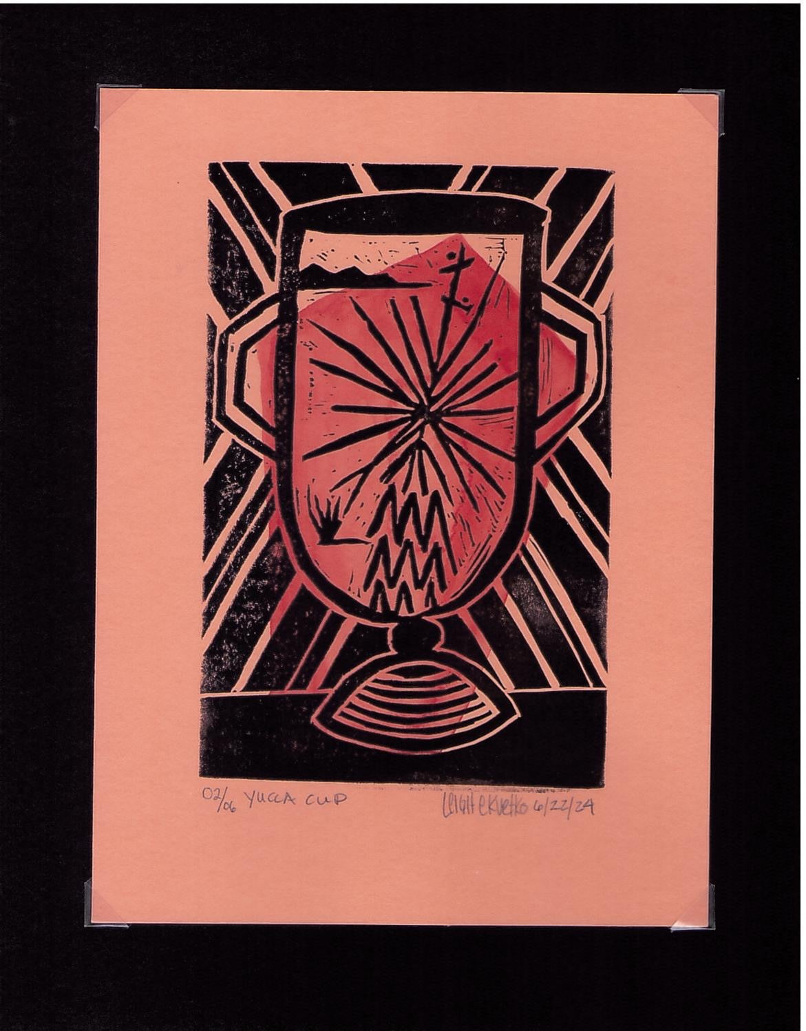 Yucca Cup block print with watercolor accent 02/06